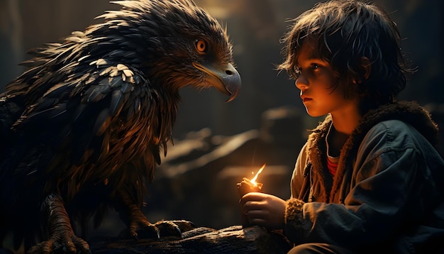 Free photo fantasy cinematic eagle and a little boy background