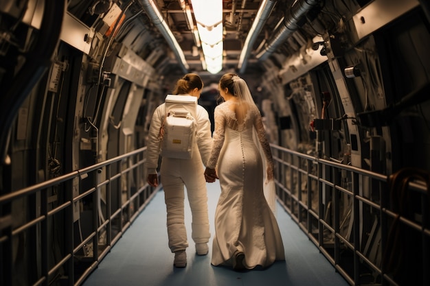 Free photo fantasy couple getting married on the space station