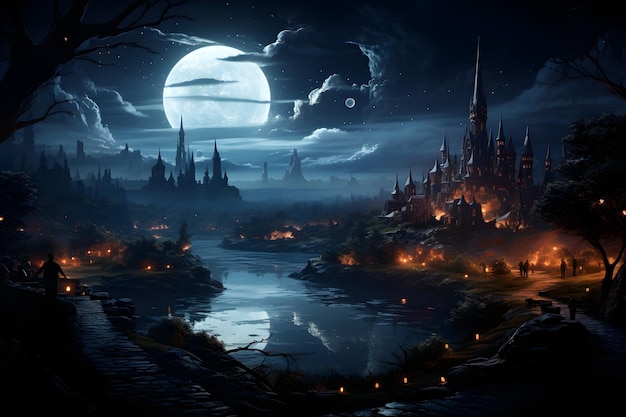 fantasy landscape at night with a full moon