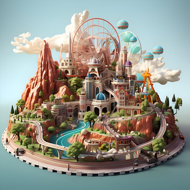 Бесплатное фото Фантастический пейзаж с фантастическим городом 3d-илюстрация