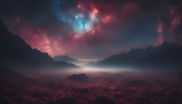 Free photo fantasy landscape with mountains and nebula 3d illustration