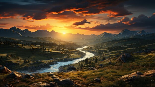 夕暮れ時の川と山のある幻想的な風景
