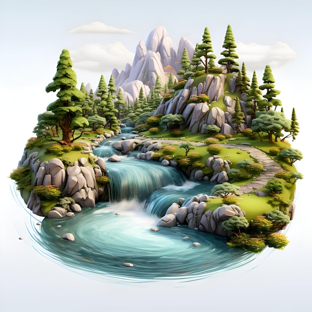 Foto gratuita paesaggio fantastico con una cascata nelle montagne rendering 3d