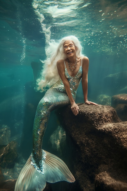 Free photo fantasy portrait of elderly mermaid woman