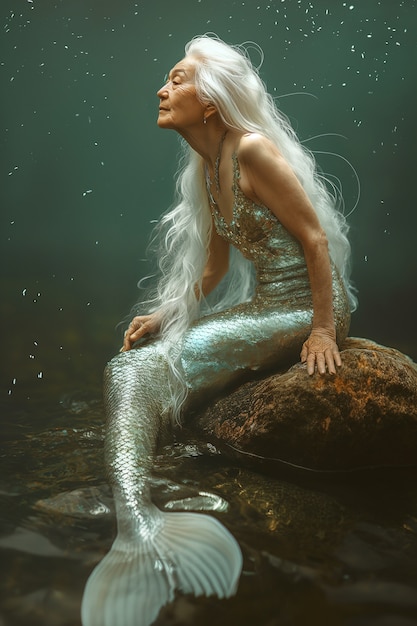 Fantasy portrait of elderly mermaid woman