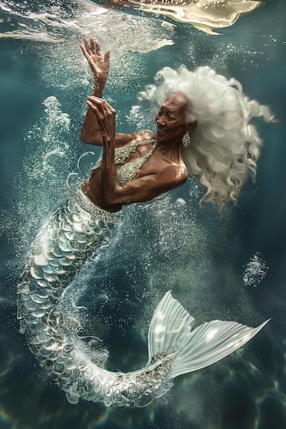 Free photo fantasy portrait of elderly mermaid woman