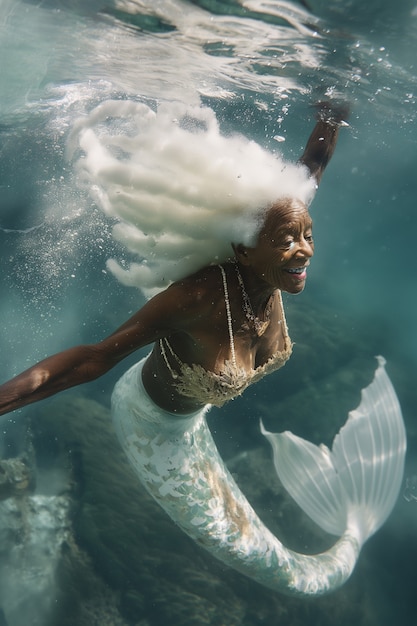 Free photo fantasy portrait of elderly mermaid woman