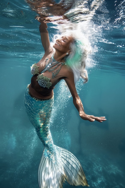 Fantasy portrait of elderly mermaid woman