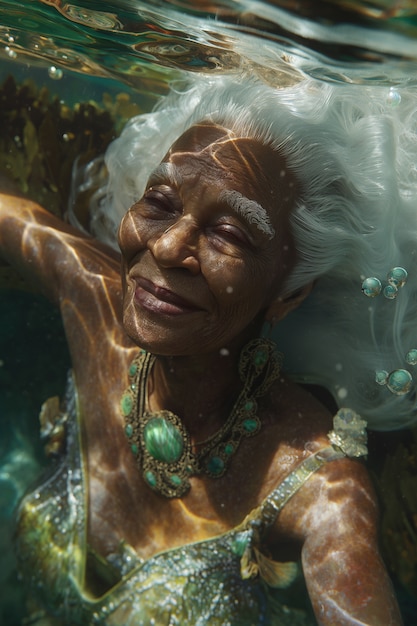 Free photo fantasy portrait of elderly mermaid woman