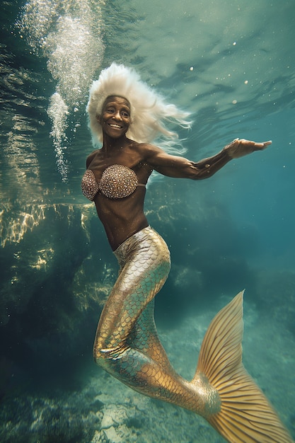 Free photo fantasy portrait of elderly mermaid woman