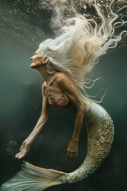 Fantasy portrait of elderly mermaid woman
