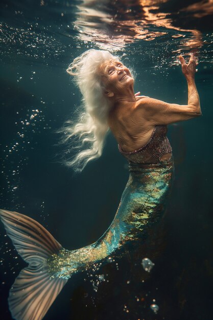 Fantasy portrait of elderly mermaid woman