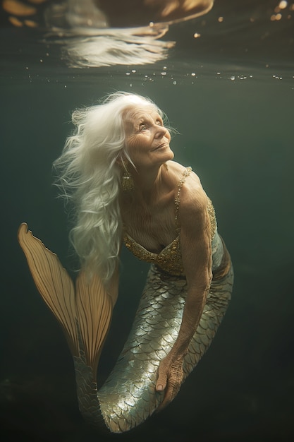 Free photo fantasy portrait of elderly mermaid woman