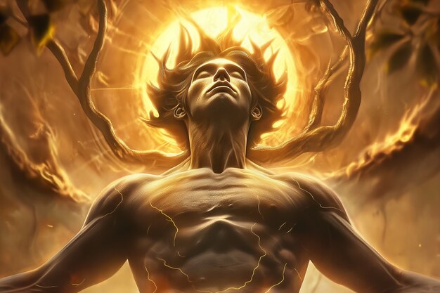 太陽の神様を描いたファンタジーシーン