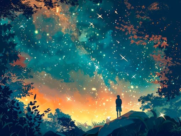 Бесплатное фото Фантастический пейзаж падающих звезд ночью