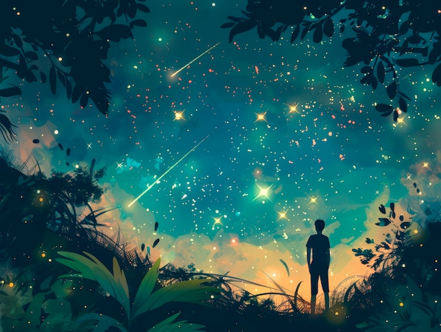 Foto gratuita paesaggio fantastico di stelle cadenti di notte