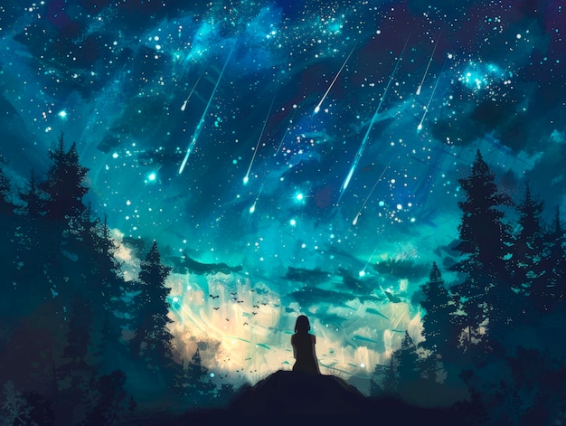 Foto gratuita paesaggio fantastico di stelle cadenti di notte