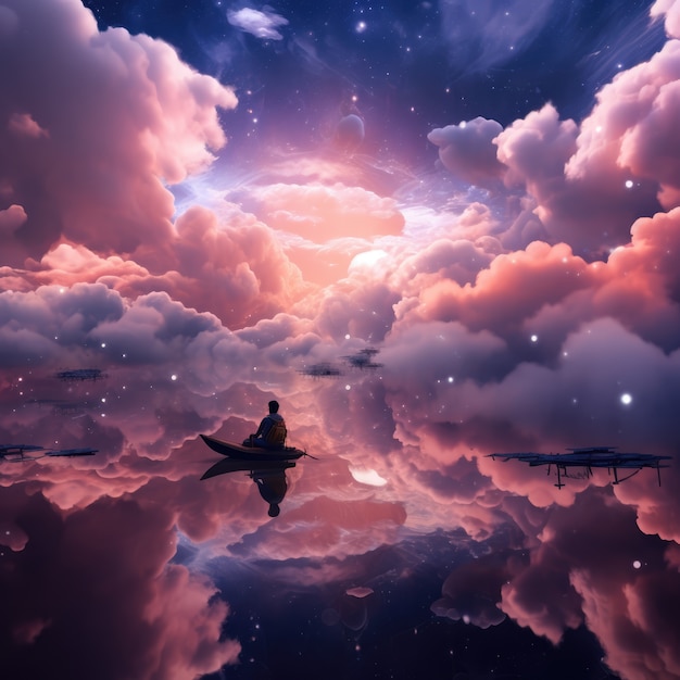 Free photo fantasy style clouds and man on boat