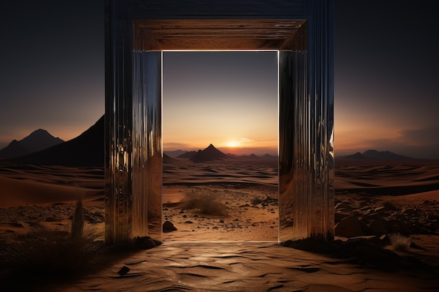 사막 풍경을 가진 판타지 스타일의 입구 또는 문.