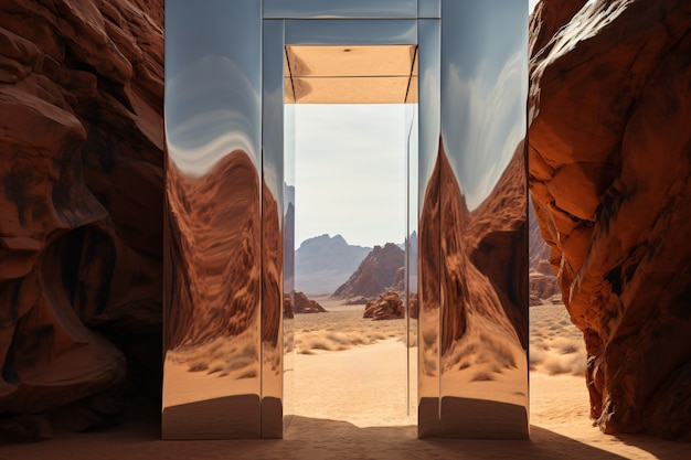Foto gratuita entrata o porta in stile fantasy con paesaggio desertico.