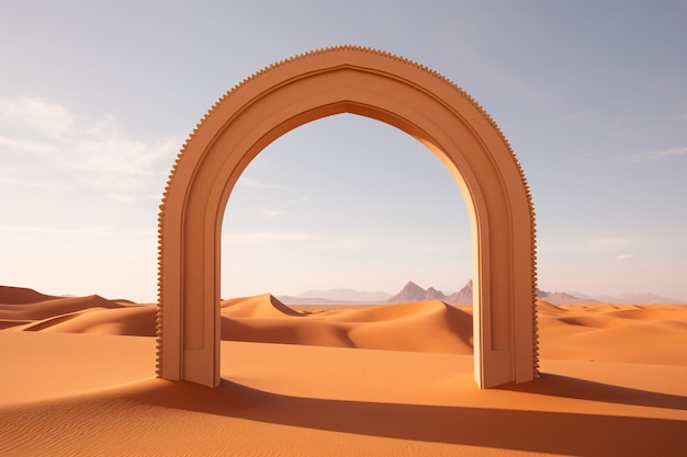 Foto gratuita porta o portale in stile fantasy con paesaggio desertico.
