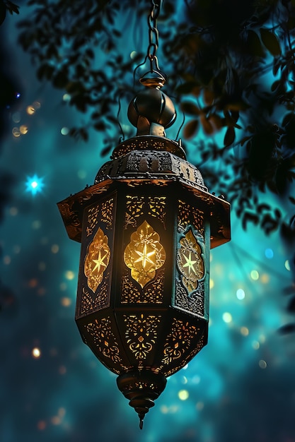 無料写真 イスラム教のラマダン祝賀のためのファンタジースタイルのランタン