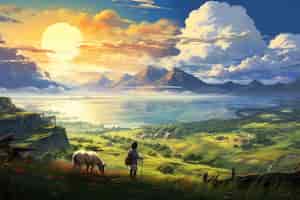Foto gratuita scena in stile fantasy con paesaggio di montagne
