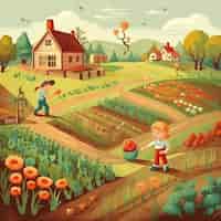 Бесплатное фото Иллюстрация мультфильма о фермерском ландшафте