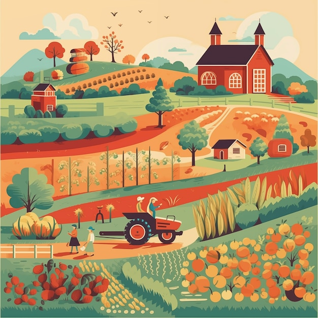 Farm landscape cartoon illustration