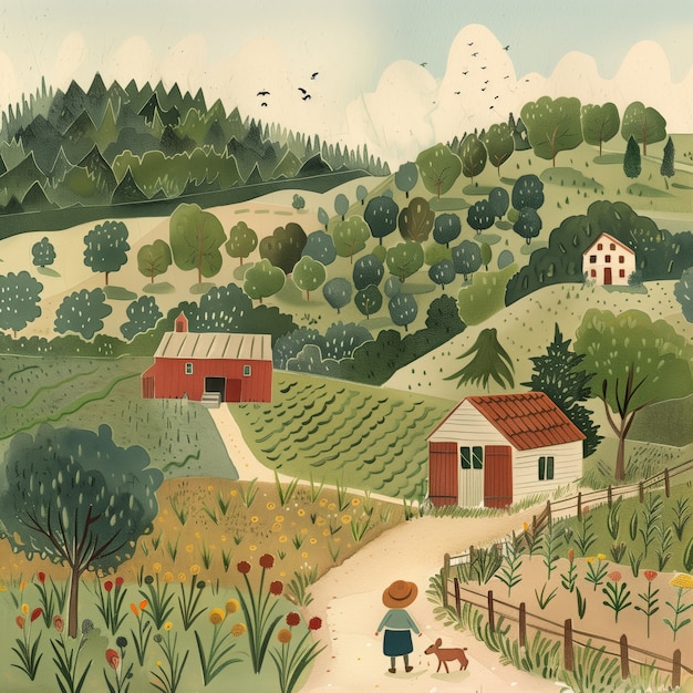 Free Photo farm landscape cartoon illustration