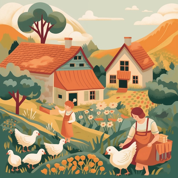 Free Photo farm landscape cartoon illustration