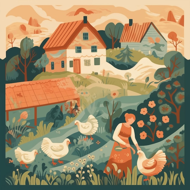 Farm landscape cartoon illustration