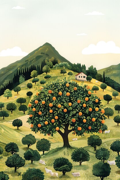 Иллюстрация мультфильма о фермерском ландшафте