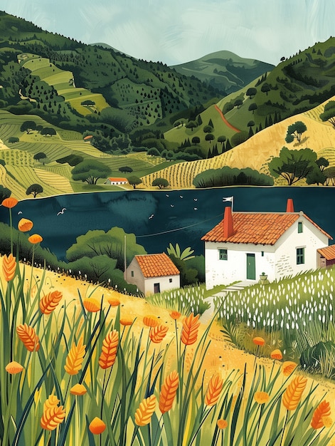 Бесплатное фото Иллюстрация мультфильма о фермерском ландшафте