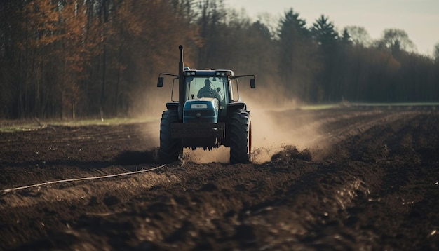 Free photo farm machinery drives through dirty rural landscape generated by ai