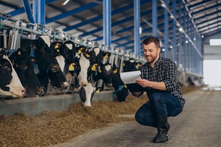 Free Photo farmer at the cowshed looking after the cows