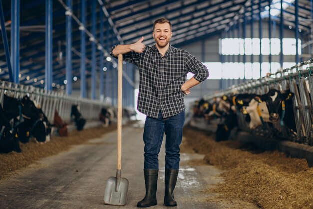 Farmer at cowshed with pitchfork cleaning up