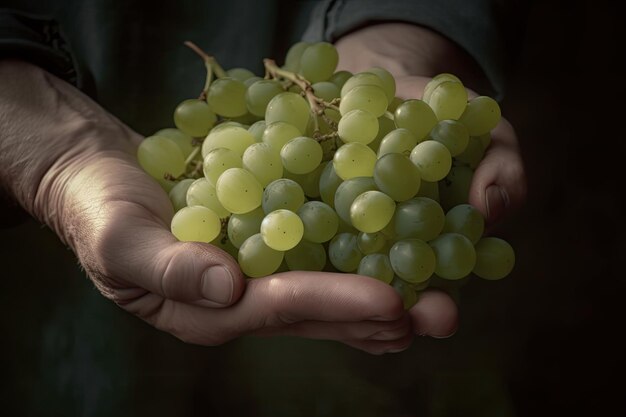 Farmer holding in his hands a bunch of freshly picked grapes Ai generative