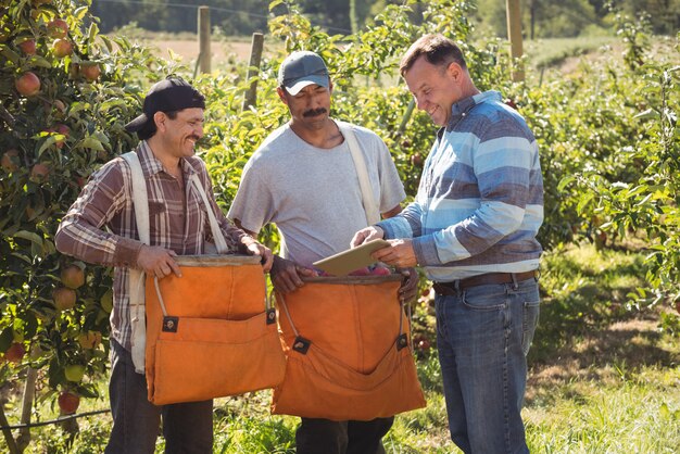 リンゴ園で農家と対話する農家
