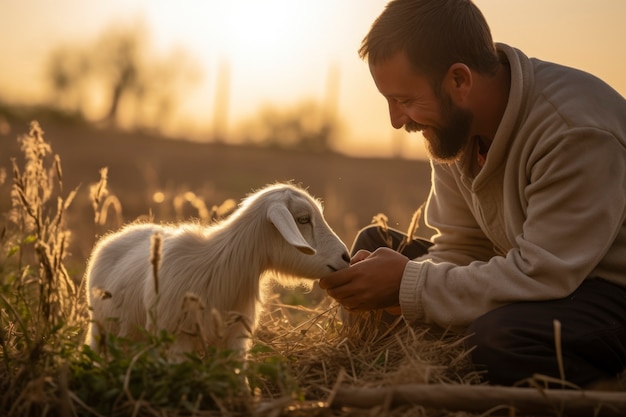 Foto gratuita farmer taking care of goat farm