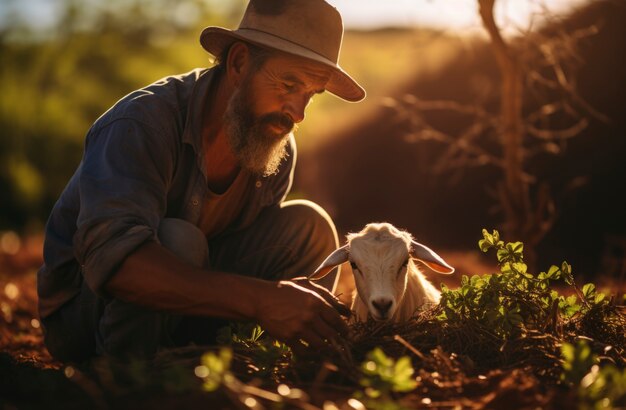 Free photo farmer taking care of goat farm