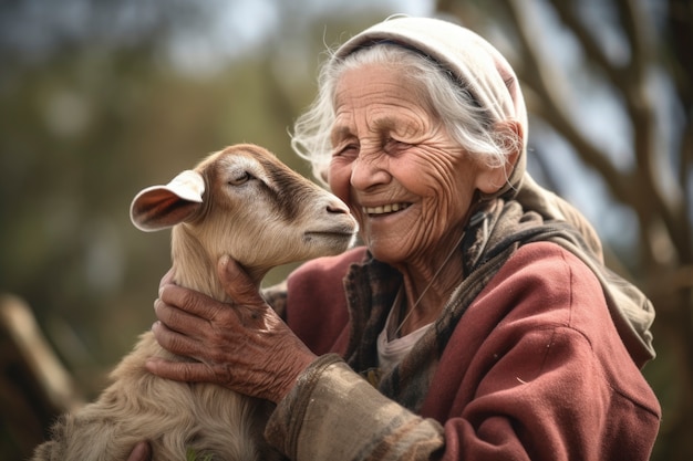 Foto gratuita farmer taking care of goat farm