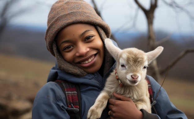 Free photo farmer taking care of goat farm