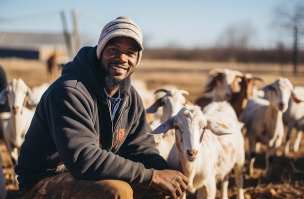 Farmer taking care of goat farm
