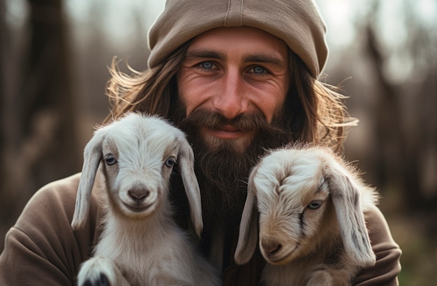 Free photo farmer taking care of goat farm