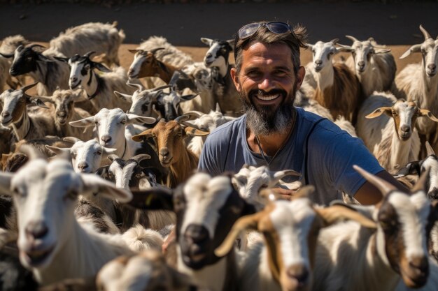 Farmer taking care of photorealistic goat farm