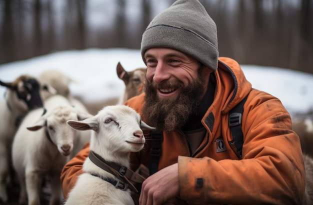 写真に現実的なヤギの飼育場を管理する農夫