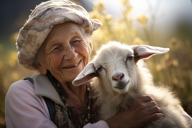 Farmer taking care of photorealistic goat farm