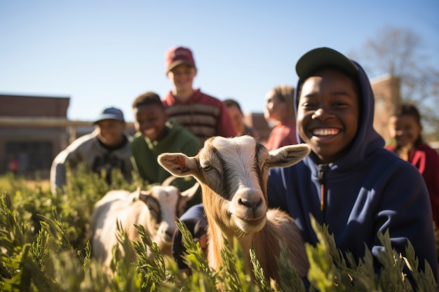 Free photo farmer taking care of photorealistic goat farm