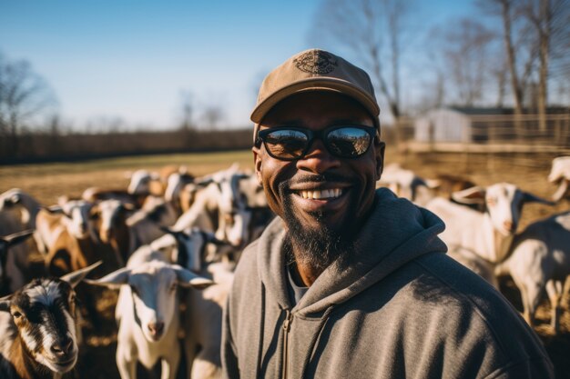 Farmer taking care of photorealistic goat farm